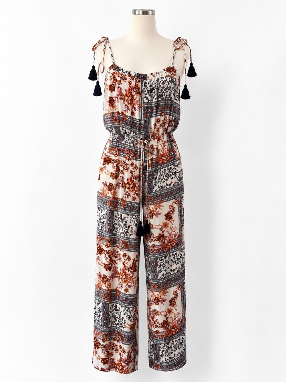 Tie-Shoulder Floral Print Jumpsuit in Navy & White with Tassels